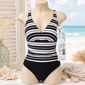 Swim Solutions Striped Tummy Control One Piece Swimsuit Sz 10 NWT